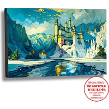 Harikabirev Kanvas-Duvar-Salon Tablosu Yağlı Boya Efektli Manzara Şato Göl Yolu Art|tekli Yatay Çerçevesiz