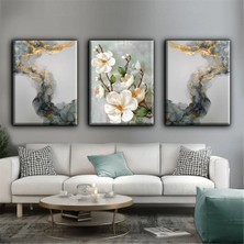 Harikabirev Beyaz-Gri Çiçek Desenli Çocuk Tablo|3lü Dikey Çerçevesiz Kanvas Tablo Çsdkyknvs