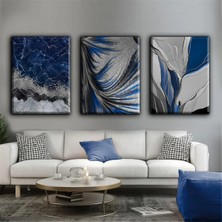 Harikabirev Lacivert-Gümüş Soyut Tablo 01 | 3lü Dikey Çerçevesiz Kanvas Tablo Çsdkyknvs