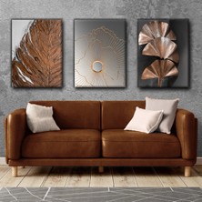 Harikabirev Bronz-Gri Yaprak Modern Soyut Tablo | 3lü Dikey Çerçevesiz Kanvas Tablo Çsdkyknvs