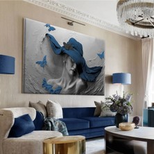 Harikabirev|lacivert Gri Renk Şapkalı Kadın |tekli Çerçevesiz Kanvas Tablo