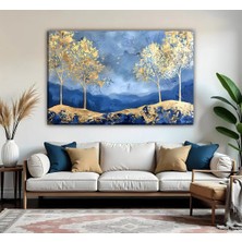 Harikabirev | Lacivert-Gold Ağaç Desenli Modeli | Tekli Yatay Kanvas Tablo