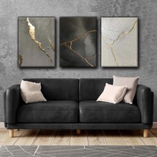 Harikabirev Gri-Gold Kıntsugı Tablo |3lü Dikey Çerçevesiz Kanvas Tablo Çsdkyknvs