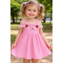 Kuzucuk Kids Kız Çocuk Kiraz Detaylı Pembe Askılı Yazlık Elbise 1-5 Yaş