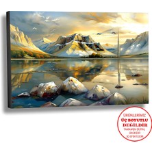 Harikabirev Kanvas-Duvar-Salon Tablosu Yağlı Boya Efektli Manzara Kış Gölü Art|tekli Yatay Çerçevesiz