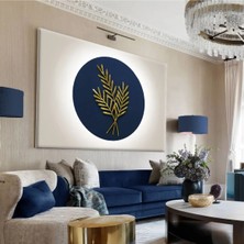 Harikabirev|mavi-Gold Çiçek Desenli Tablo |tekli Çerçevesiz Yatay Kanvas Tablo