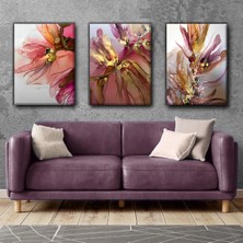 Harikabirev Pembe-Gold Çiçek Soyut Tablosu 02 |3lü Dikey Çerçevesiz Kanvas Tablo Çsdkyknvs