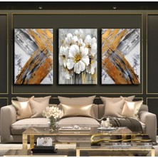 Harikabirev Gri-Gold Soyut Çiçek Tablo 05|3lü Dikey Çerçevesiz Kanvas Tablo Çsdkyknvs