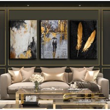 Harikabirev Gold-Gri Insan Desenli Soyut Tablo 01 |3lü Dikey Çerçevesiz Kanvas Tablo Çsdkyknvs