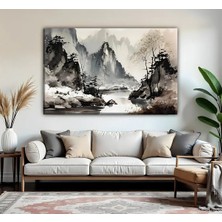 Harikabirev | Siyah-Gri Sisli Dağ Manzara Modeli | Tekli Yatay Kanvas Tablo