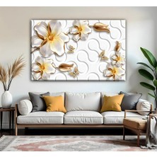 Harikabirev | Beyaz-Gold Çiçek Desenli Soyut Modeli 01 | Tekli Yatay Kanvas Tablo