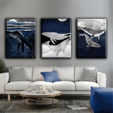 Harikabirev Lacivert Gümüş Yunus Tablosu |3lü Dikey Çerçevesiz Kanvas Tablo Çsdkyknvs