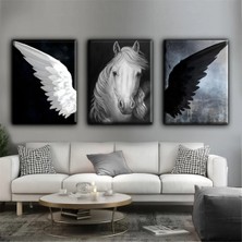Harikabirev Siyah-Beyaz At Kanat Tablosu |3lü Dikey Çerçevesiz Kanvas Tablo Çsdkyknvs
