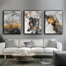 Harikabirev Siyah-Gold Soyut Çiçek Modern TABLO01 | 3lü Dikey Çerçevesiz Kanvas Tablo Çsdkyknvs