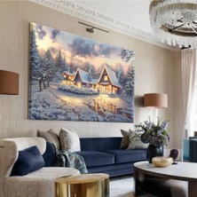 Harikabirev|mavi-Beyaz-Sarı Kar Manzarali Ev Tablosu |tekli Çerçevesiz Yatay Kanvas Tablo