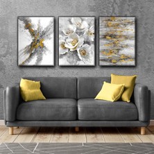 Harikabirev Gri-Gold Çiçek Soyut Tablosu|3lü Dikey Çerçevesiz Kanvas Tablo Çsdkyknvs
