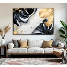 Harikabirev | Siyah-Gold Yaprak Desenli Modeli | Tekli Yatay Kanvas Tablo