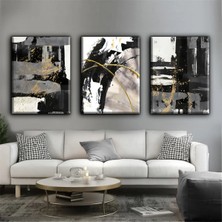 Harikabirev Siyah-Gold Soyut Desenli Tablo|3lü Dikey Çerçevesiz Kanvas Tablo Çsdkyknvs