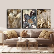 Harikabirev Gold-Lacivert Soyut Çiçek Tablosu |3lü Dikey Çerçevesiz Kanvas Tablo Çsdkyknvs