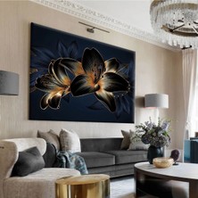 Harikabirev|lacivert-Gold Çiçek Desenli Tablo 1|tekli Çerçevesiz Yatay Kanvas Tablo