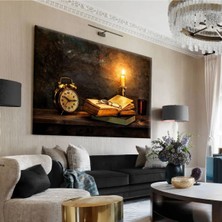 Harikabirev|krem-Gri -Sarı Saat ve Mum Tablo |tekli Çerçevesiz Yatay Kanvas Tablo