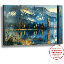 Harikabirev Kanvas-Duvar-Salon Tablosu Yağlı Boya Efektli Manzara Göl Kenarı Art|tekli Yatay Çerçevesiz