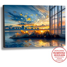 Harikabirev Kanvas-Duvar-Salon Tablosu Yağlı Boya Efektli Manzara Uzak Şehir Art|tekli Yatay Çerçevesiz