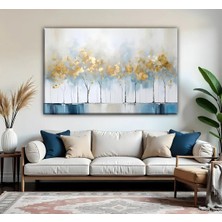 Harikabirev | Gri Lacivert-Gold Ağaç Desenli Modeli 02 | Tekli Yatay Kanvas Tablo