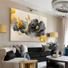 Harikabirev|krem-Gold-Mavi Çiçek Desenli Tablo|tekli Çerçevesiz Yatay Kanvas Tablo