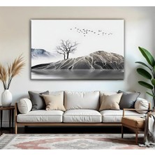 Harikabirev | Gri Gümüş Dağ Göl Manzara Model | Tekli Yatay Kanvas Tablo