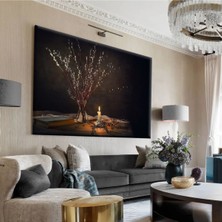 Harikabirev|siyah-Krem Mum ve Çiçek Tablosu 2 |tekli Çerçevesiz Yatay Kanvas Tablo