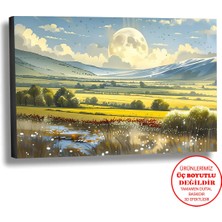 Harikabirev Kanvas-Duvar-Salon Tablosu Yağlı Boya Efektli Manzara Kır Dolunay Art|tekli Yatay Çerçevesiz