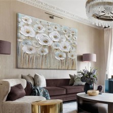 Harikabirev|beyaz-Gri Çiçek Tablosu|tekli Çerçevesiz Yatay Kanvas Tablo