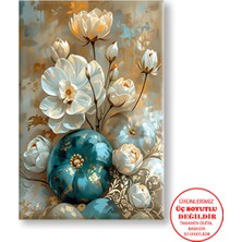 Harikabirev Kanvas-Duvar-Salon Yağlı Boya Efektli Turkuaz-Gold Çiçekler|tekli Dikey Çerçevesiz Tablo