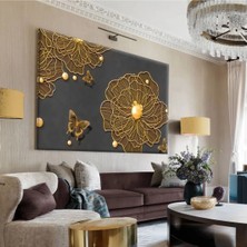 Harikabirev|gold Çiçek Desenli Tablo |tekli Çerçevesiz Yatay Kanvas Tablo