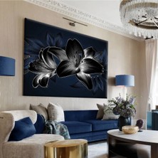 Harikabirev|lacivert-Gri Çiçek Desenli Tablo 2|tekli Çerçevesiz Yatay Kanvas Tablo