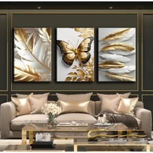 Harikabirev Gold-Beyaz Kelebek Tüy Tablosu|3lü Dikey Çerçevesiz Kanvas Tablo Çsdkyknvs
