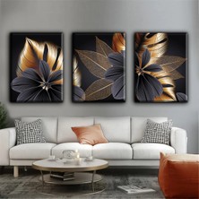 Harikabirev Altın Çiçekli Modern Tablo |3lü Dikey Çerçevesiz Kanvas Tablo Çsdkyknvs
