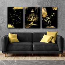 Harikabirev Gold-Siyah Soyut Ağaç Tablosu|3lü Dikey Çerçevesiz Kanvas Tablo Çsdkyknvs
