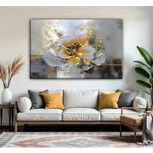 Harikabirev | Gri Gold Çiçek Detaylı Model 02 | Tekli Yatay Kanvas Tablo