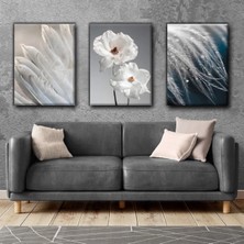 Harikabirev Mavi-Beyaz Çiçek Tüy Modern Tablo | 3lü Dikey Çerçevesiz Kanvas Tablo Çsdkyknvs