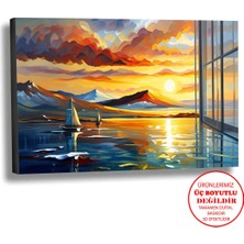 Harikabirev Kanvas-Duvar-Salon Tablosu Yağlı Boya Efektli Manzara Gün Batımı Deniz Art|tekli Yatay Çerçevesiz