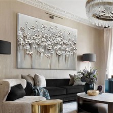 Harikabirev|beyaz-Gri Çiçekli Tablo 7 |tekli Çerçevesiz Yatay Kanvas Tablo