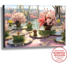 Harikabirev Kanvas-Duvar-Salon Tablosu Yağlı Boya Efektli Manzara Pembe Çiçekler Art|tekli Yatay Çerçevesiz