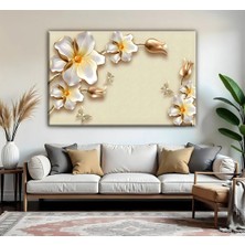 Harikabirev | Krem-Gold Renkler Çiçek  Modeli | Tekli Yatay Kanvas Tablo
