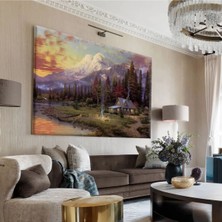 Harikabirev|mor-Yeşil Dağ Manzarali Ev Tablosu |tekli Çerçevesiz Yatay Kanvas Tablo