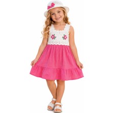 Kuzucuk Kids Kız Çocuk Müslin Elbise Şapkalı Pamuklu Nakış Detaylı Yazlık Askılı Elbise