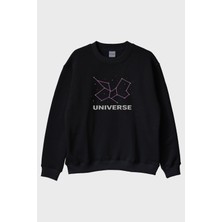 Nuugg Kozmik Yıldız Desenli Siyah Bisiklet Yaka Sweatshirt