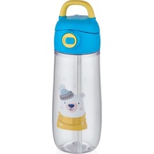 Vagonlife 550 ml Pipetli Desenli Çocuk Su Matarası Kilitli Kapak Taşıma Kulplu Mavi Tek Ebat Çelik