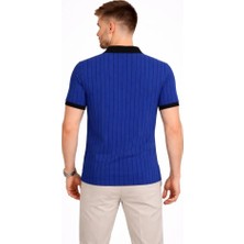 Lunelis Erkek Polo Yaka Çizgili Tişört Kısa Kol Düğmeli Yazlık T-Shirt - Saks Mavisi